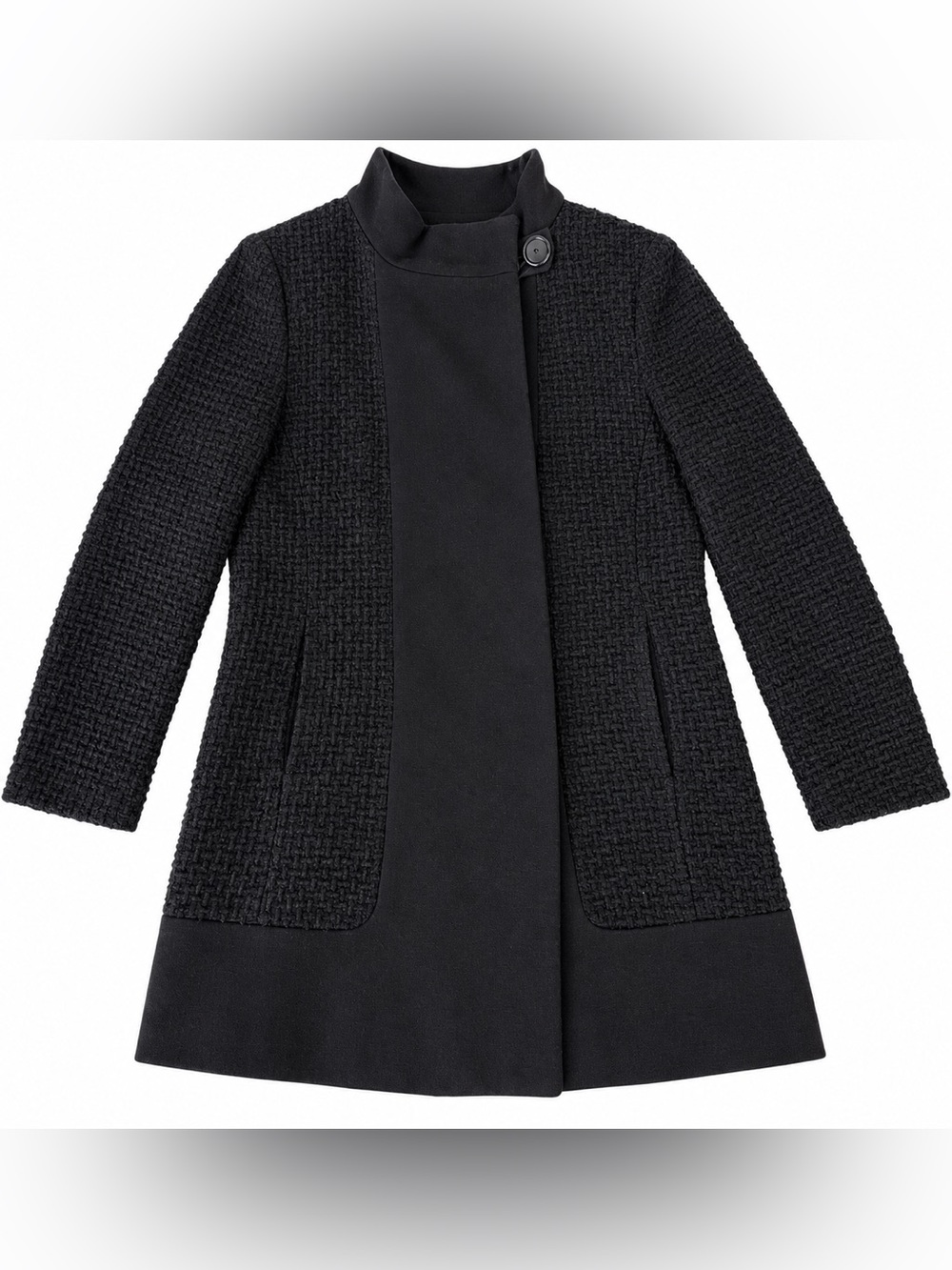 Calvin Klein Women’s Black Textured Bouclé Coat Size 8 Stand Collar Snap Front